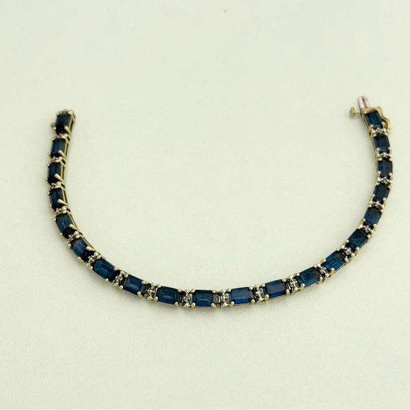 Solid 14k Yellow Gold Sapphire & Diamond Tennis Bracelet - Picture 8 of 16